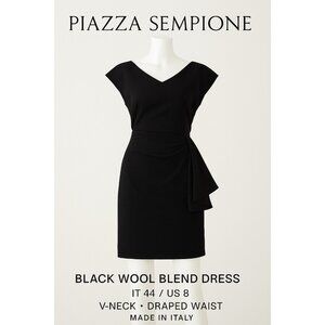 Piazza Sempione Black Wool Blend Dress IT 44 US 8 V-Neck Draped Waist Italy